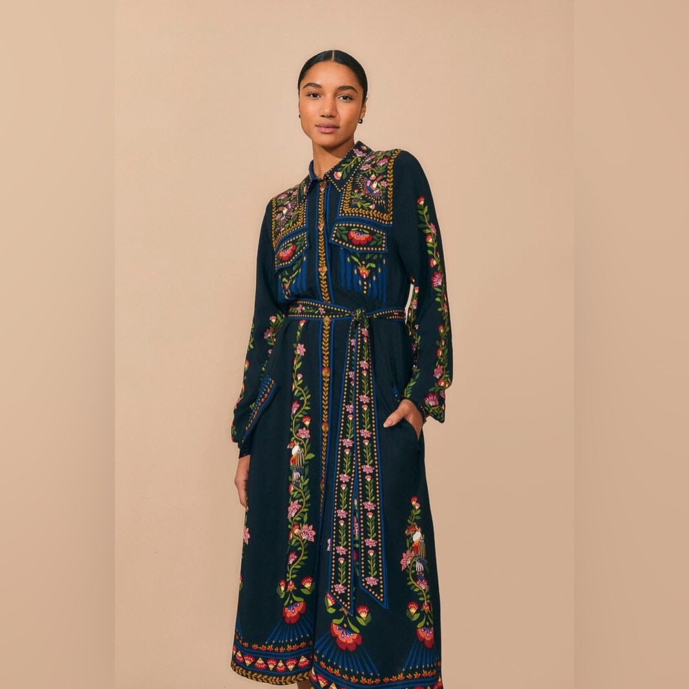 FARM RIO BLACK TOUCAN GARDEN MIDI DRESS SZ MED